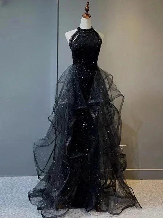 Black Long Mermaid Halter Sequined Tulle Formal Prom Dresses by BIZTUNNEL