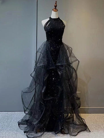 Schwarzes langes Meerjungfrau-Neckholder-Ballkleid mit Pailletten aus Tüll