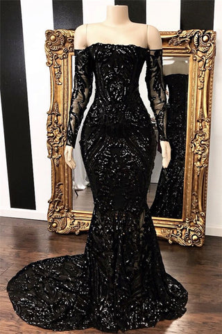 Schwarzes langes schulterfreies Meerjungfrau-Ballkleid mit Ärmeln