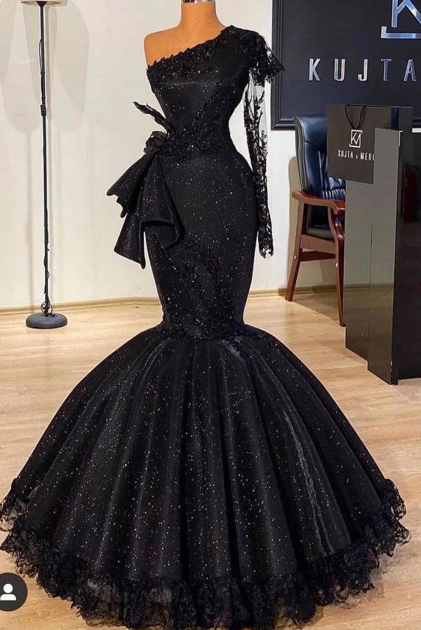 Black Long Mermaid One Shoulder Sequins Prom Dress with Sleeves by BIZTUNNEL