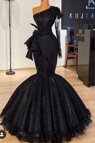 Schwarzes langes Meerjungfrau-Ballkleid mit One-Shoulder-Pailletten und Ärmeln