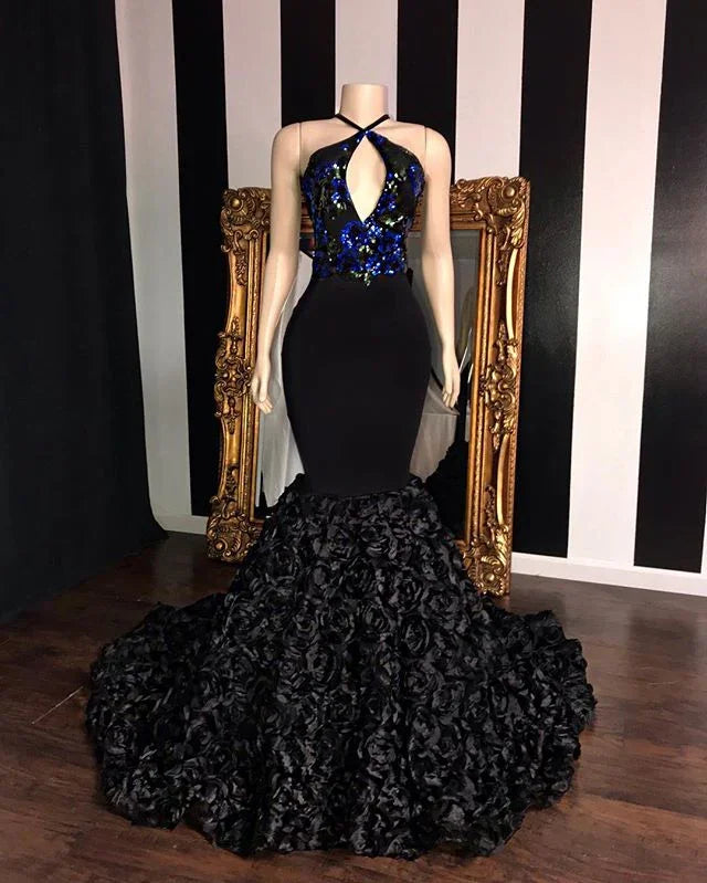 Black Long Mermaid Prom Dresses Elegant Halter Sequins Evening Gowns by BIZTUNNEL
