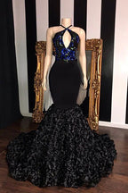 Black Long Mermaid Prom Dresses Elegant Halter Sequins Evening Gowns by BIZTUNNEL