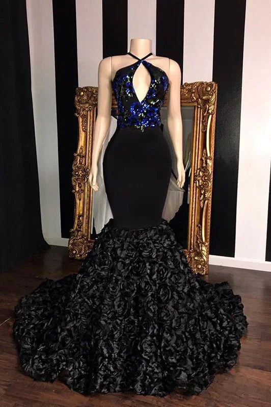 Black Long Mermaid Prom Dresses Elegant Halter Sequins Evening Gowns by BIZTUNNEL
