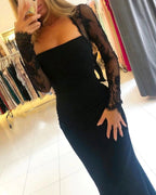 Black Long Mermaid Square Neckline Backless Prom Dress with Sleeves by BIZTUNNEL