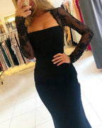 Black Long Mermaid Square Neckline Backless Prom Dress with Sleeves by BIZTUNNEL