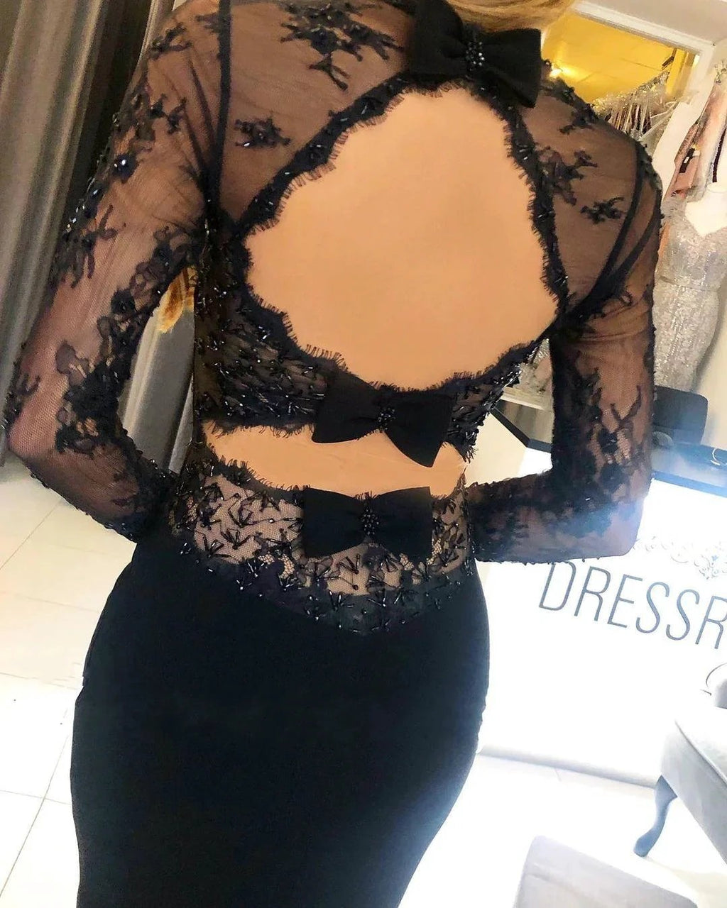 Black Long Mermaid Square Neckline Backless Prom Dress with Sleeves by BIZTUNNEL
