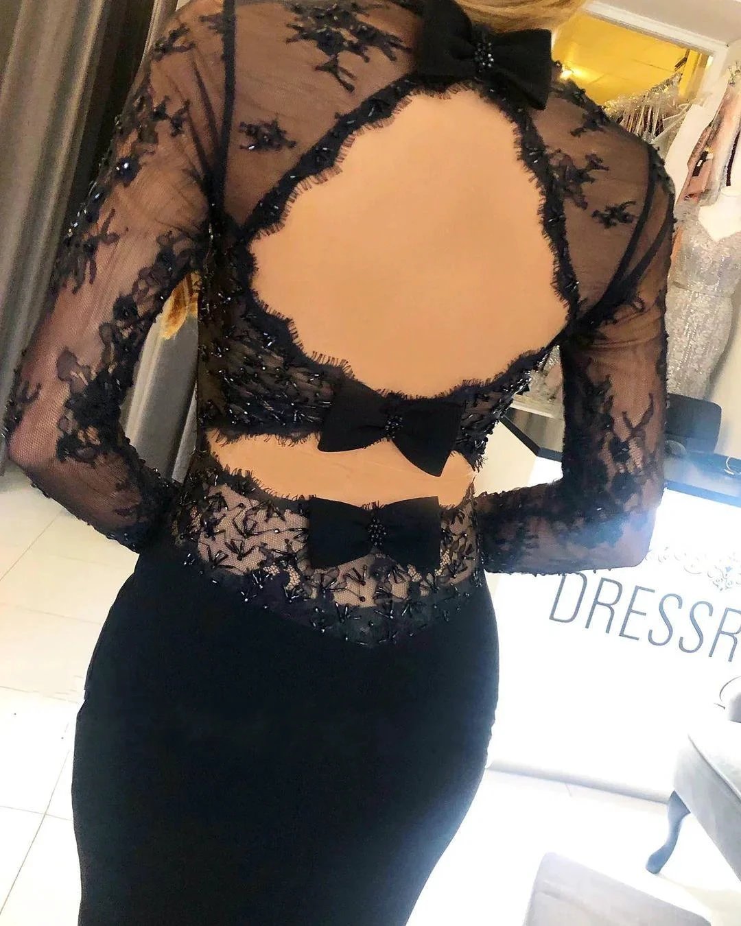 Black Long Mermaid Square Neckline Backless Prom Dress with Sleeves by BIZTUNNEL