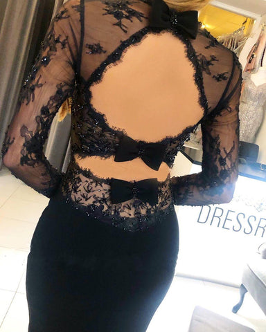 Schwarzes langes Meerjungfrau-Ballkleid mit quadratischem Ausschnitt und rückenfreiem Ärmel