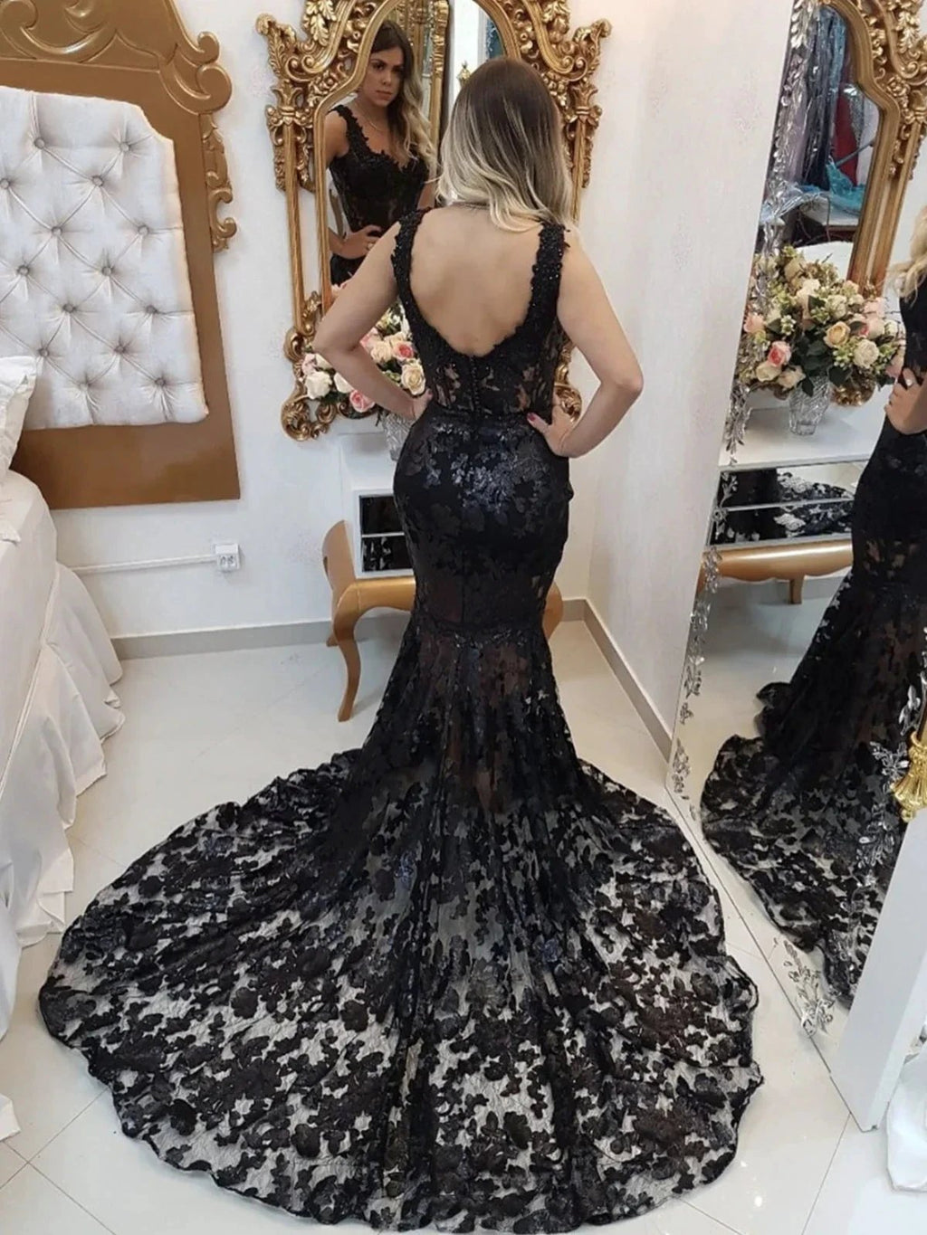 Black Long Mermaid Sweetheart Lace Formal Evening Prom Dresses by BIZTUNNEL