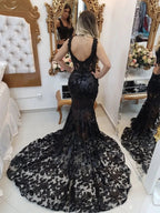 Black Long Mermaid Sweetheart Lace Formal Evening Prom Dresses by BIZTUNNEL