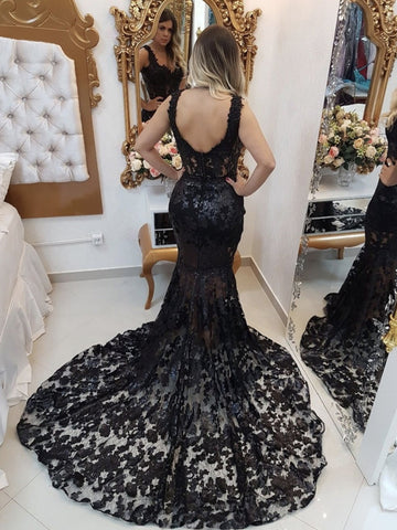 Schwarzes langes Meerjungfrau-Kleid mit Herzausschnitt und Spitze, formelle Abend- und Ballkleider