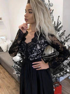 Black Long Sleeves A-line V Neck Satin Lace Formal Prom Dresses with High Slit by BIZTUNNEL