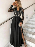 Black Long Sleeves A-line V Neck Satin Lace Formal Prom Dresses with High Slit by BIZTUNNEL