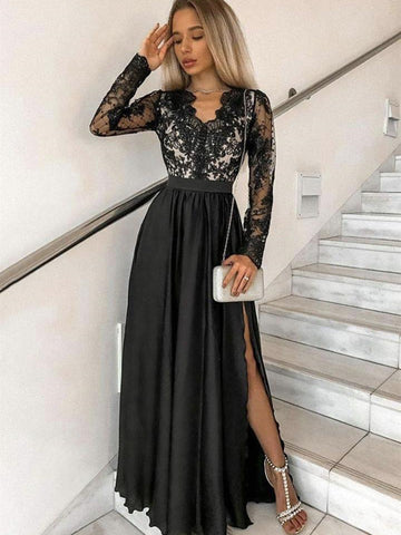 Schwarzes A-Linien-Ballkleid mit V-Ausschnitt, Satinspitze und hohem Schlitz