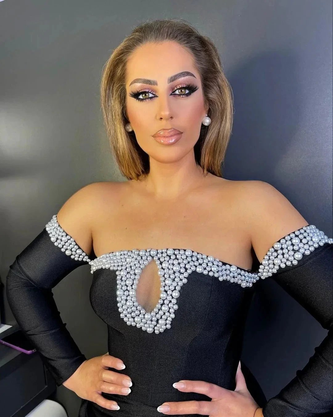 Black Long Sleeves Mermaid Off the Shoulder Satin Beads Formal Prom Dresses with Slit by BIZTUNNEL