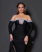 Black Long Sleeves Mermaid Off the Shoulder Satin Beads Formal Prom Dresses with Slit by BIZTUNNEL
