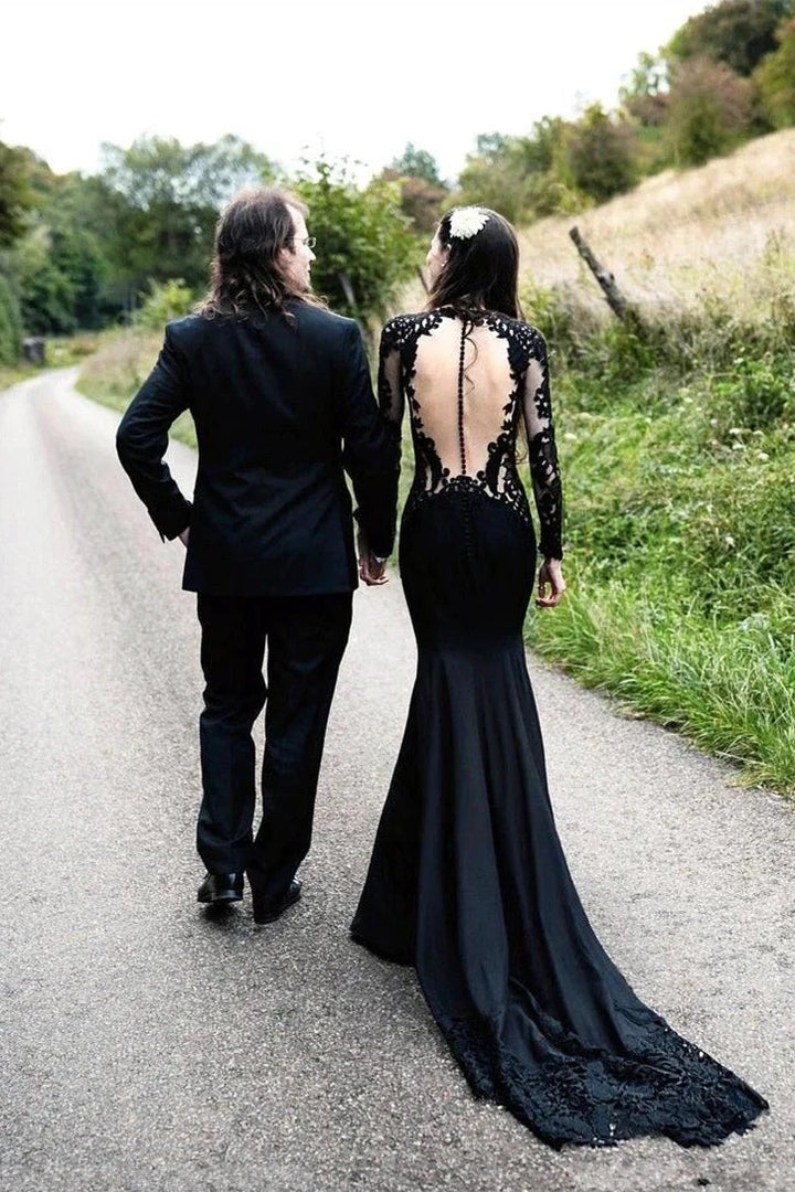 Vestido de novia sirena negro de manga larga con cola larga 