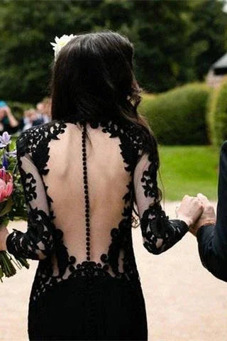 فستان زفاف حورية البحر بأكمام طويلة سوداء مع ذيل ممتد