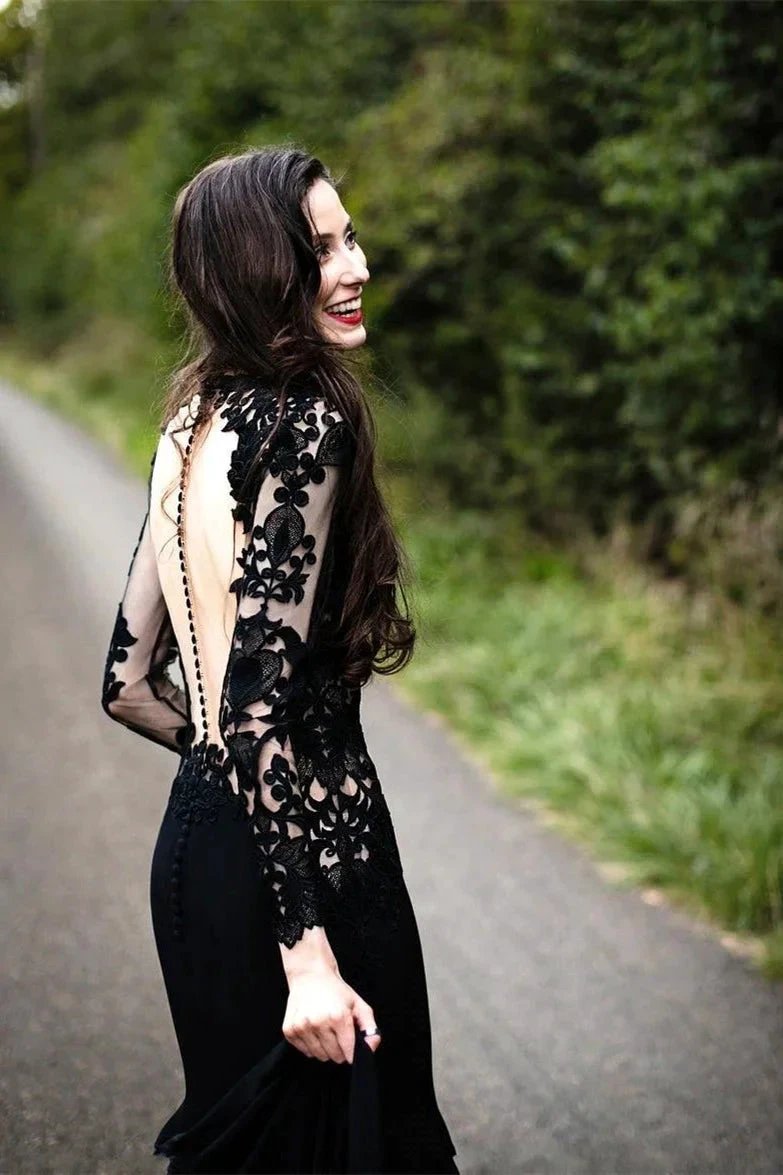 Vestido de novia sirena negro de manga larga con cola larga 