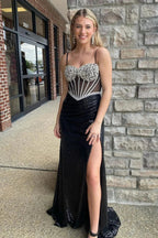 Eulalie | Black Mermaid Sweetheart Sequins Long Prom Dresses with Slit by KissProm