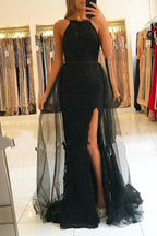 Black Mermaid Tulle Lace Long Prom Dress With Slit by BIZTUNNEL