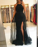Black Mermaid Tulle Lace Long Prom Dress With Slit by BIZTUNNEL