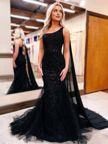 Schwarzes One-Shoulder-Applikationen Meerjungfrau Langes Ballkleid