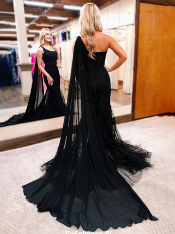 Schwarzes One-Shoulder-Applikationen Meerjungfrau Langes Ballkleid
