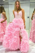 Joyce| Black Plunge V Spaghetti Strap Ruffle Tiered Long Gown by KissProm