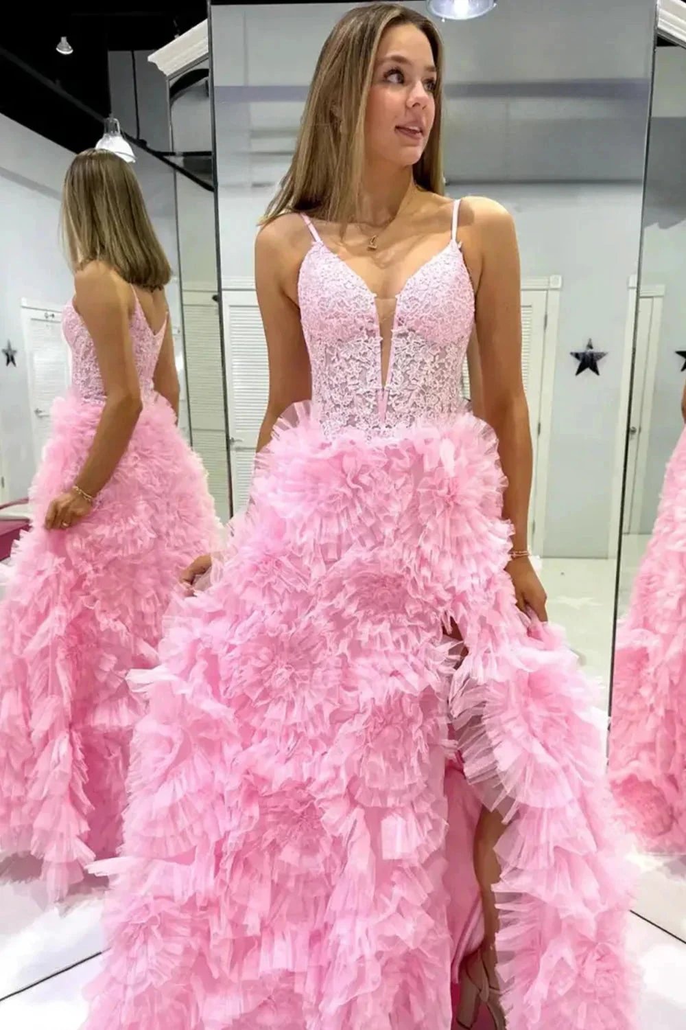 Joyce| Black Plunge V Spaghetti Strap Ruffle Tiered Long Gown by KissProm