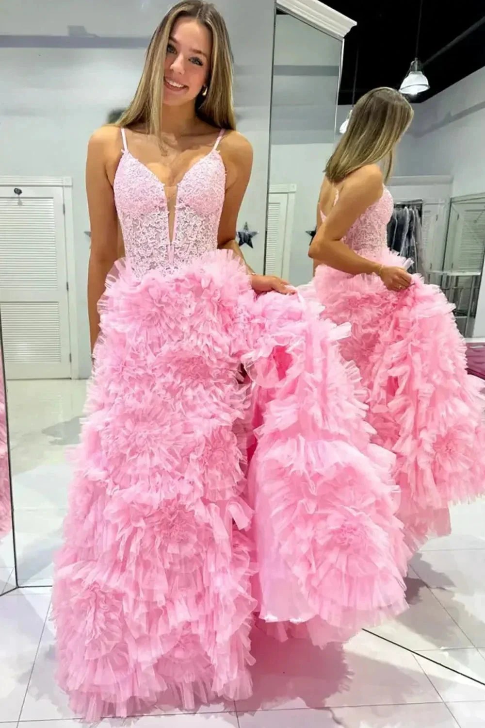 Joyce| Black Plunge V Spaghetti Strap Ruffle Tiered Long Gown by KissProm