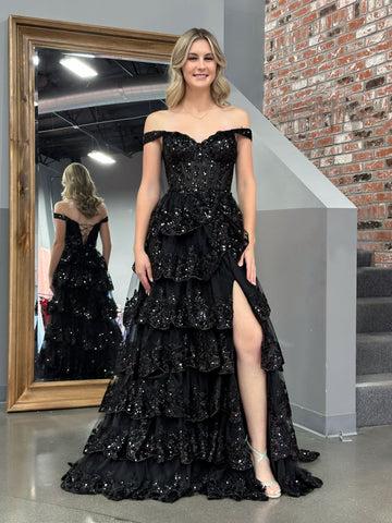 Vestido de fiesta negro estilo princesa, corte A, hombros descubiertos, corsé y volantes de encaje