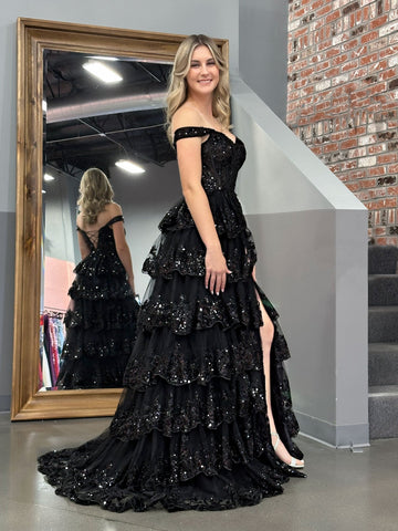 Vestido de fiesta negro estilo princesa, corte A, hombros descubiertos, corsé y volantes de encaje