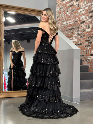 Vestido de fiesta negro estilo princesa, corte A, hombros descubiertos, corsé y volantes de encaje