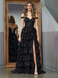 Black Princess A Line Off the Shoulder Corset Prom Dress with Lace Ruffles by KissProm