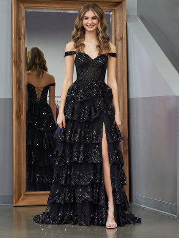 Vestido de fiesta negro estilo princesa, corte A, hombros descubiertos, corsé y volantes de encaje
