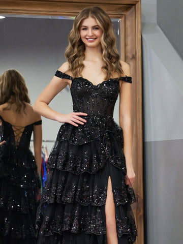 Vestido de fiesta negro estilo princesa, corte A, hombros descubiertos, corsé y volantes de encaje