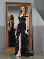 Black Princess A Line Off the Shoulder Corset Prom Dress with Lace Ruffles
