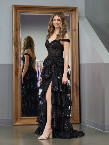Vestido de fiesta negro estilo princesa, corte A, hombros descubiertos, corsé y volantes de encaje