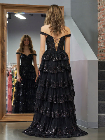 Vestido de fiesta negro estilo princesa, corte A, hombros descubiertos, corsé y volantes de encaje