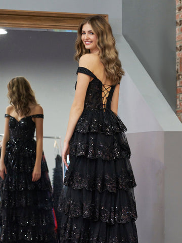 Vestido de fiesta negro estilo princesa, corte A, hombros descubiertos, corsé y volantes de encaje