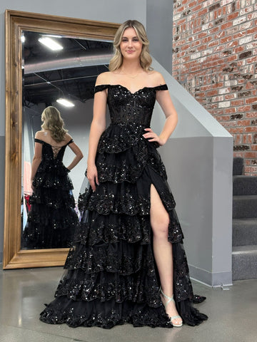Vestido de fiesta negro estilo princesa, corte A, hombros descubiertos, corsé y volantes de encaje