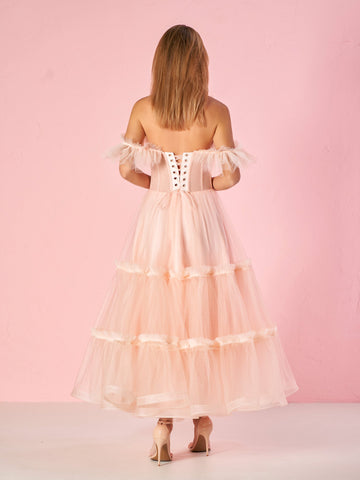 Katalina | Vestido de fiesta de tul con volantes y corsé en forma de A