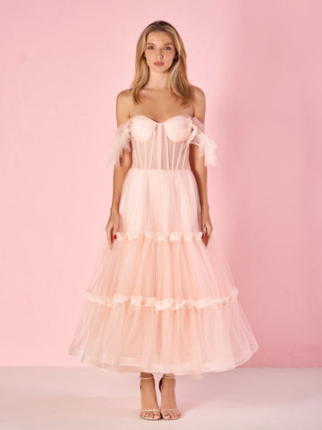 Katalina | Vestido de fiesta de tul con volantes y corsé en forma de A