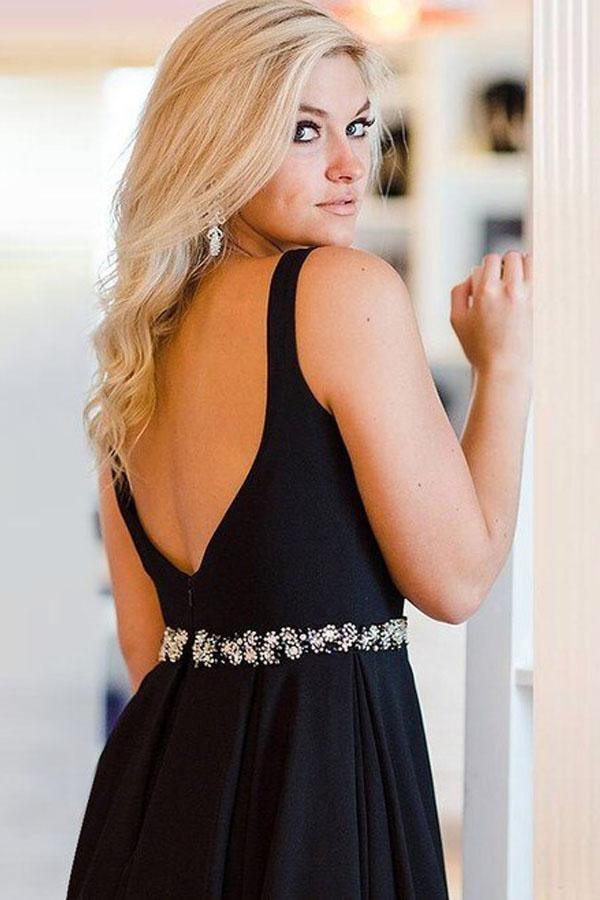 Black Satin Straps Short Prom Dress Homecming Dress With Crystal PD285 Main Image