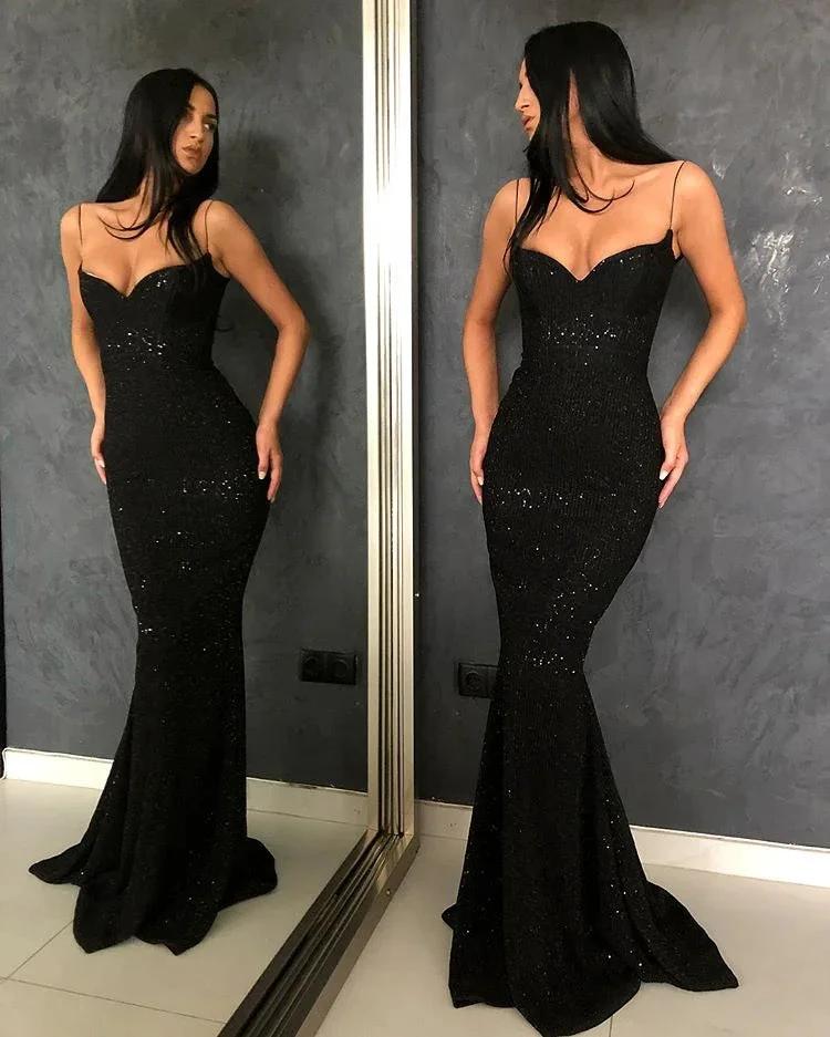 Black Sheath Spaghetti Straps Open Back Sequins Prom Dresses by misshow.com