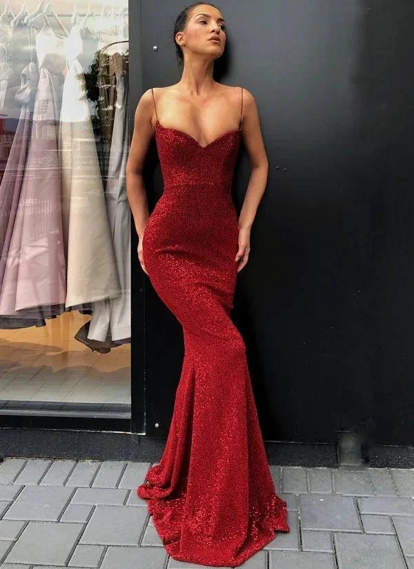 Black Sheath Spaghetti Straps Open Back Sequins Prom Dresses by misshow.com