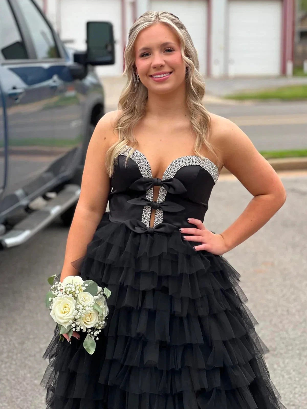 Peggy | Black Strapless Bow Ruffle Long Prom Dress with Slit by KissProm