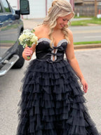 Peggy | Black Strapless Bow Ruffle Long Prom Dress with Slit by KissProm